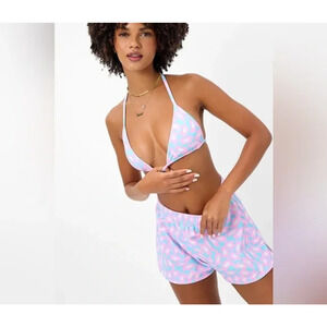 Frankies Bikinis Shorts Womens XS Pink Blue Coco Terry Daisy Dream Smiley Print